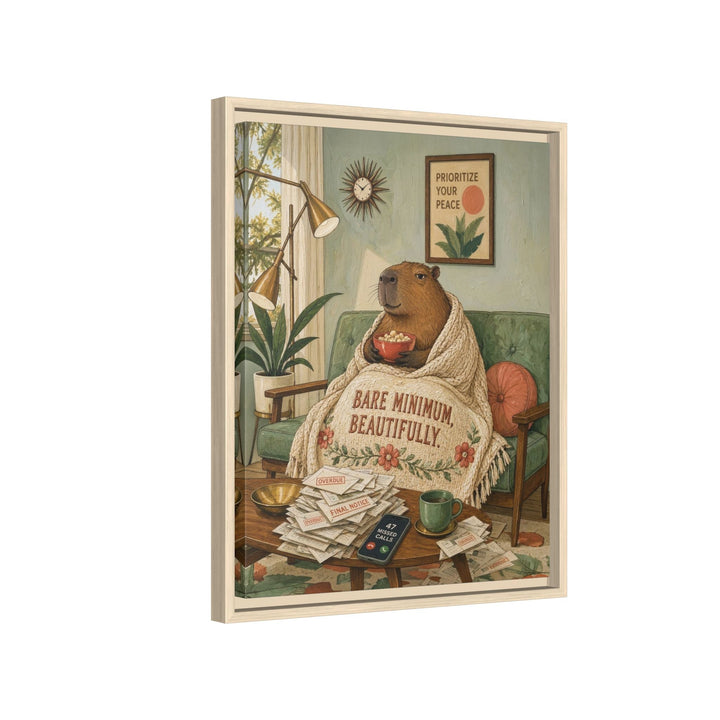 "Bare Minimum" - Capybara Vertical Framed Canvas - Dark Burnout Humor Wall Art