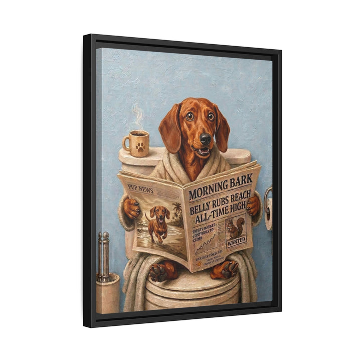 "Morning Business" - Dachshund Vertical Framed Canvas - Dog Lover Wall Art
