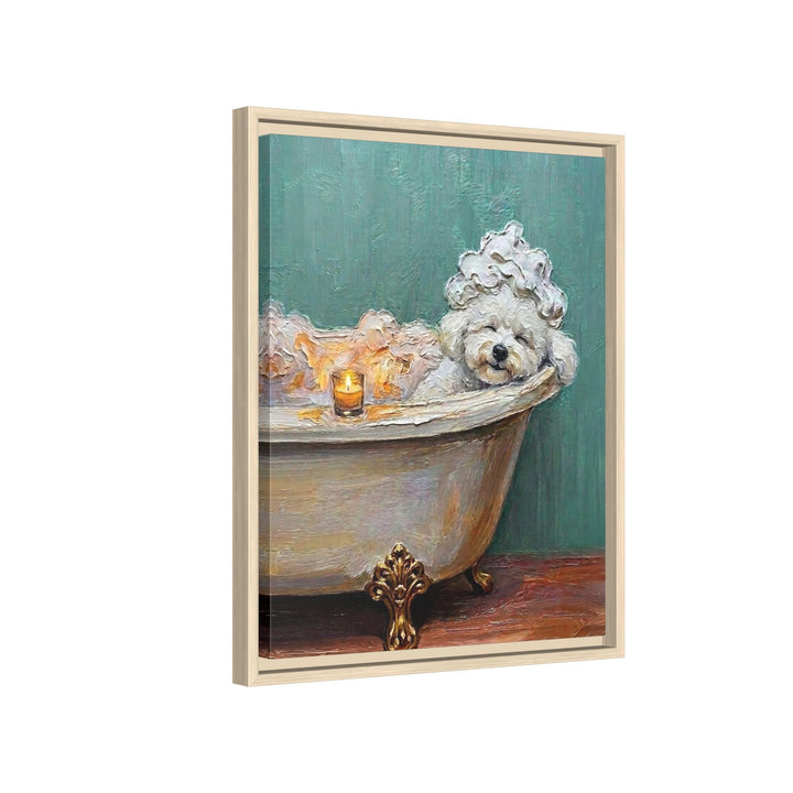 "Spa Day" - Bichon Frise Vertical Framed Canvas - Dog Lover Wall Art