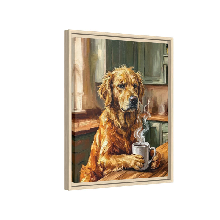 "Before Coffee" - Golden Retriever Vertical Framed Canvas - Dog Lover Wall Art