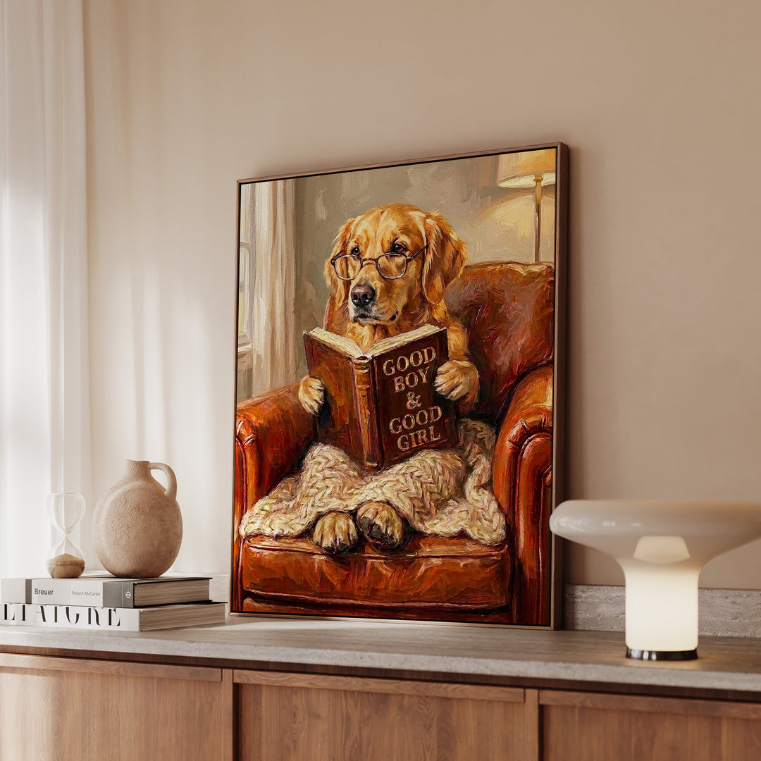 Golden Retriever Evening Read Framed Canvas