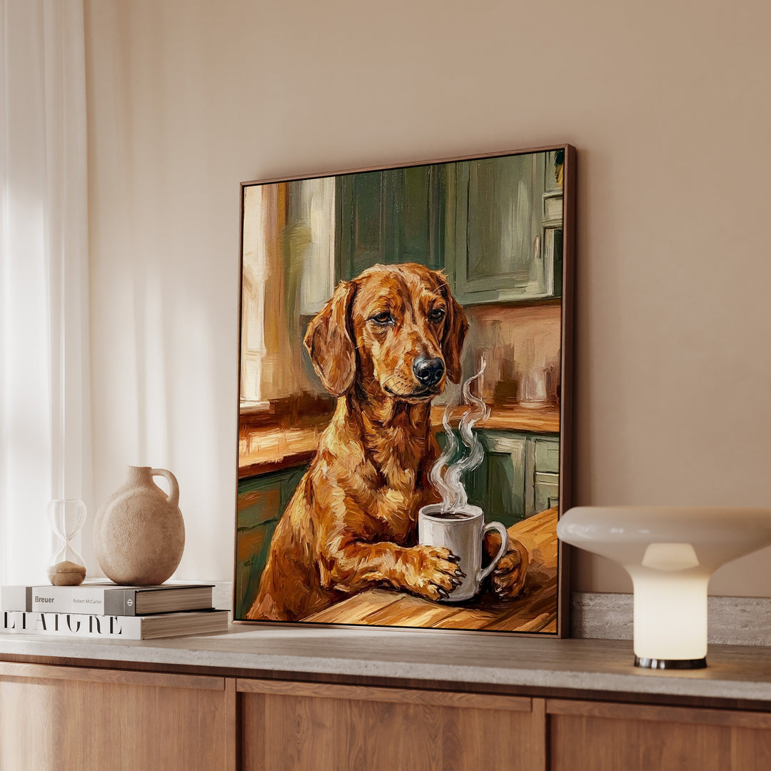 Dachshund Before Coffee Framed Canvas