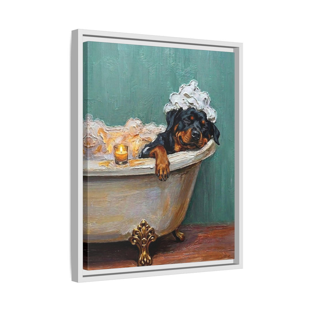"Spa Day" - Rottweiler Vertical Framed Canvas - Dog Lover Wall Art