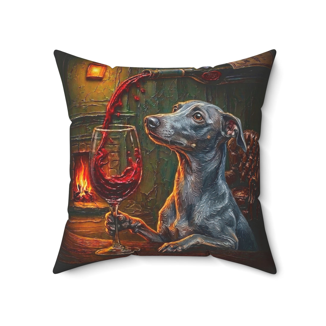 "Wine & Woof" - Italian Greyhound Throw Pillow - Dog Lover Home Decor
