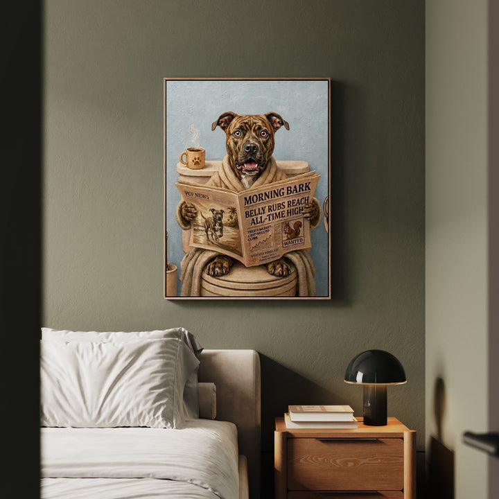 "Morning Business" - Pit Bull Vertical Framed Canvas - Dog Lover Wall Art