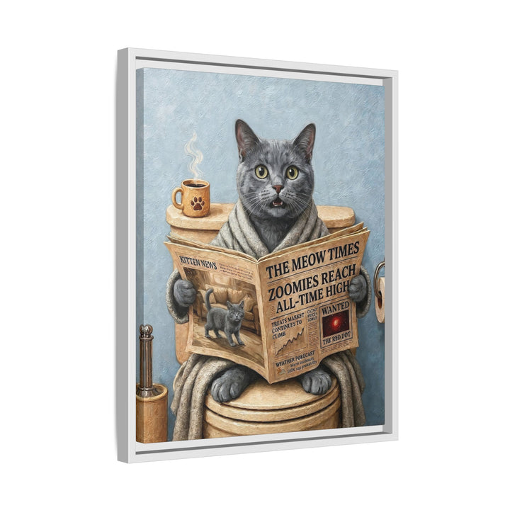 "Morning Business" - Solid Grey Vertical Framed Canvas - Cat Lover Wall Art