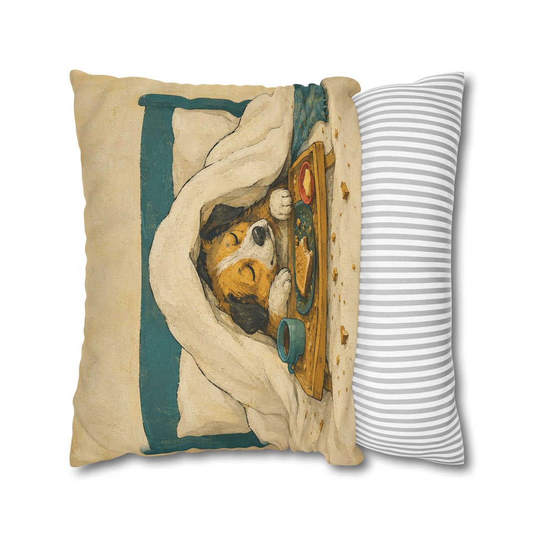 Breakfast in Bed – Funny Dog Art with a Duvet Tray and Toast Crumbs – Pillow / Cover