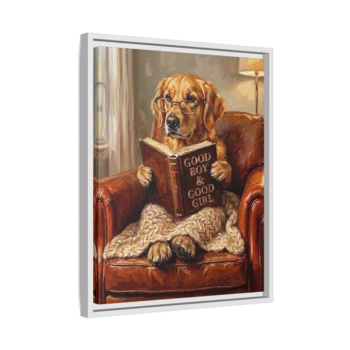 "Evening Read" - Golden Retriever Vertical Framed Canvas - Dog Lover Wall Art