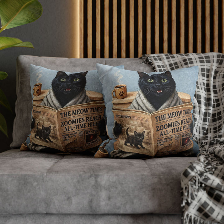 "Morning Business" - Black Pillow Cover - Cat Lover Home Decor