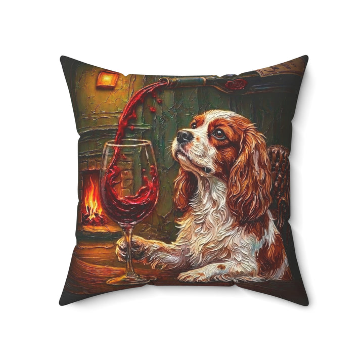 "Wine & Woof" - Cavalier King Charles Throw Pillow - Dog Lover Home Decor