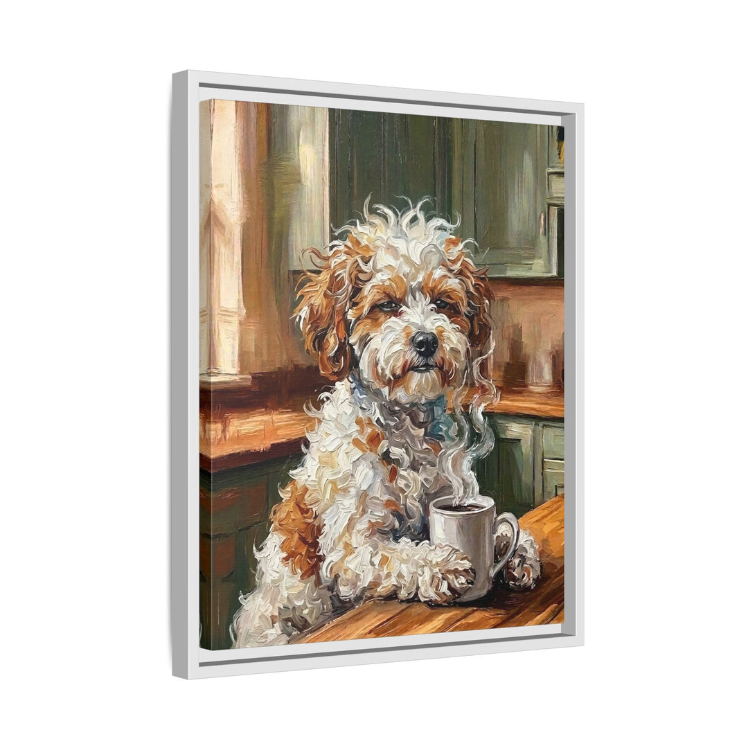 "Before Coffee" - Bichon Frise Vertical Framed Canvas - Dog Lover Wall Art
