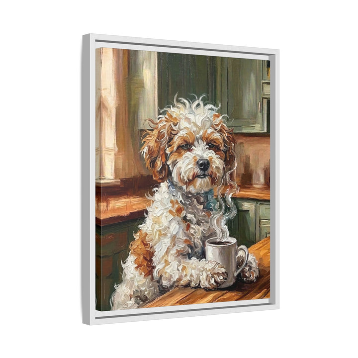 "Before Coffee" - Bichon Frise Vertical Framed Canvas - Dog Lover Wall Art