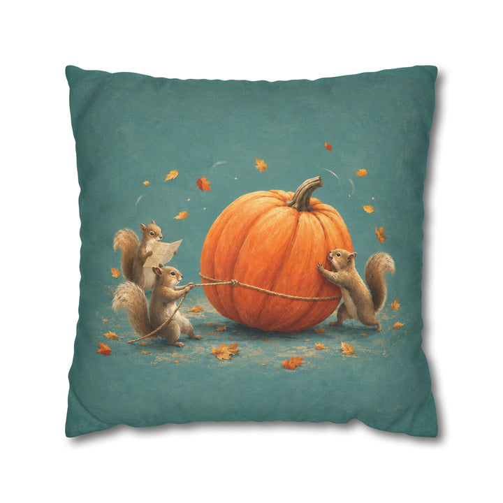 Pumpkin Logistics – Squirrel Art with a Team Rolling One Giant Gourd – Pillow / Cover
