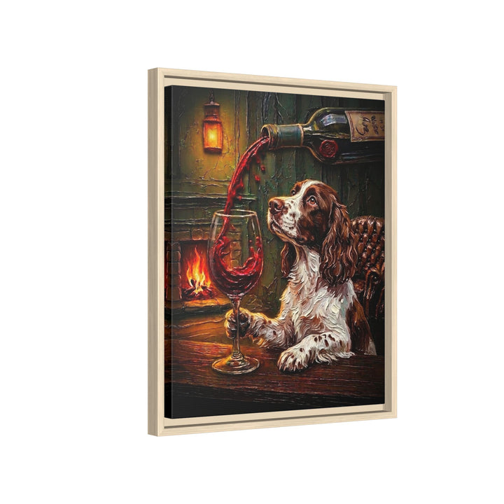 "Wine & Woof" - English Springer Spaniel Vertical Framed Canvas - Dog Lover Wall Art