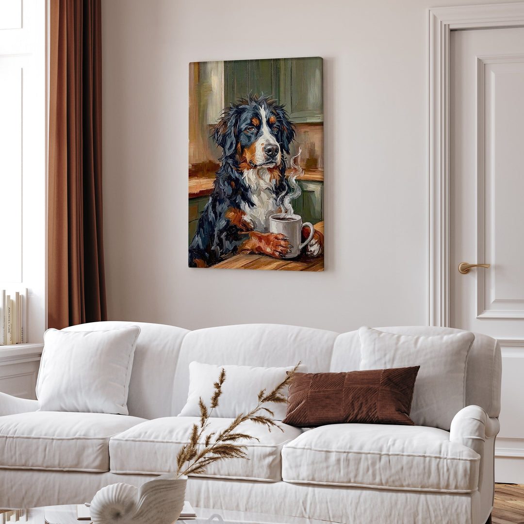 "Before Coffee" - Bernese Mountain Dog Vertical Canvas - Dog Lover Wall Art