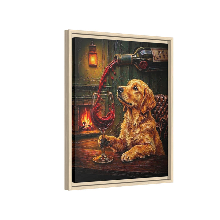 "Wine & Woof" - Golden Retriever Vertical Framed Canvas - Dog Lover Wall Art
