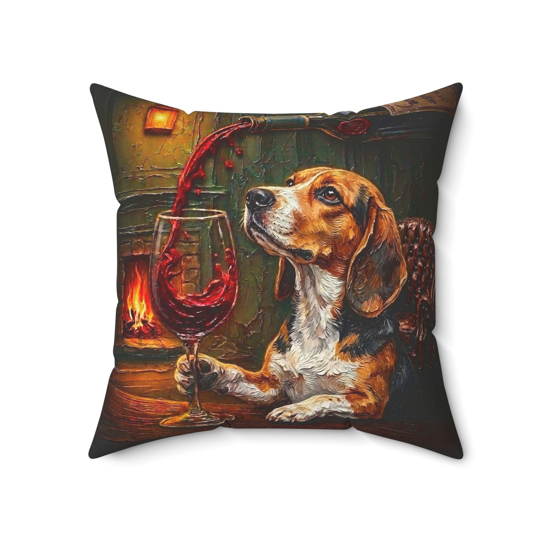 "Wine & Woof" - Beagle Throw Pillow - Dog Lover Home Decor