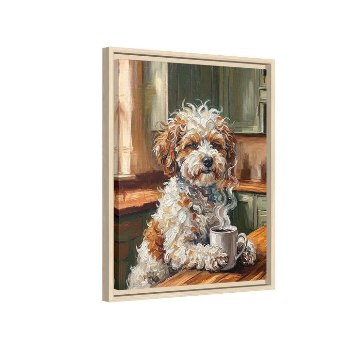 "Before Coffee" - Bichon Frise Vertical Framed Canvas - Dog Lover Wall Art