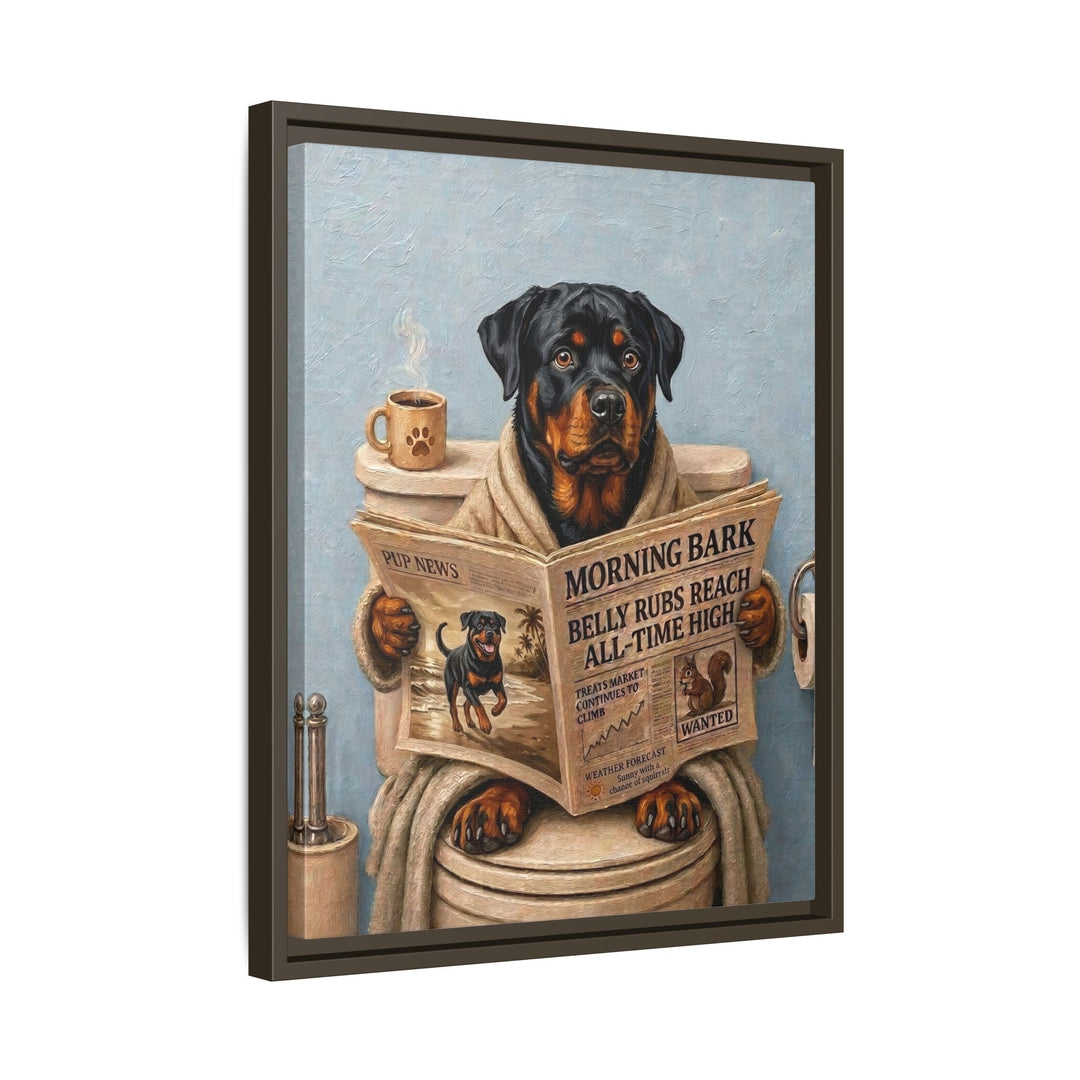 "Morning Business" - Rottweiler Vertical Framed Canvas - Dog Lover Wall Art