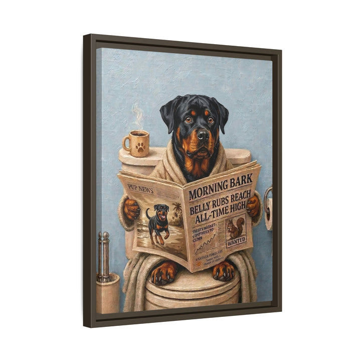 "Morning Business" - Rottweiler Vertical Framed Canvas - Dog Lover Wall Art