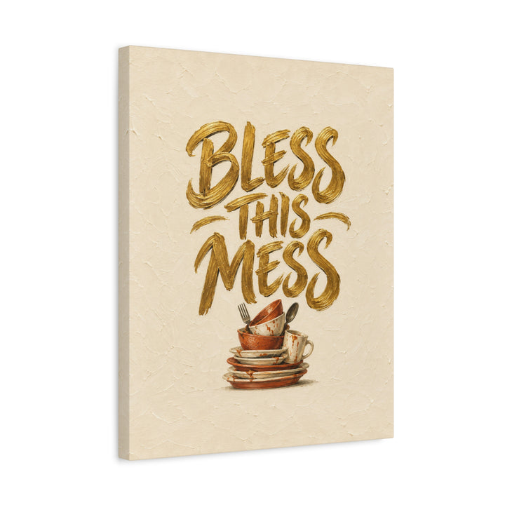 Bless This Mess – Funny Kitchen Art with Reverent Gold Lettering – Canvas / Framed Canvas