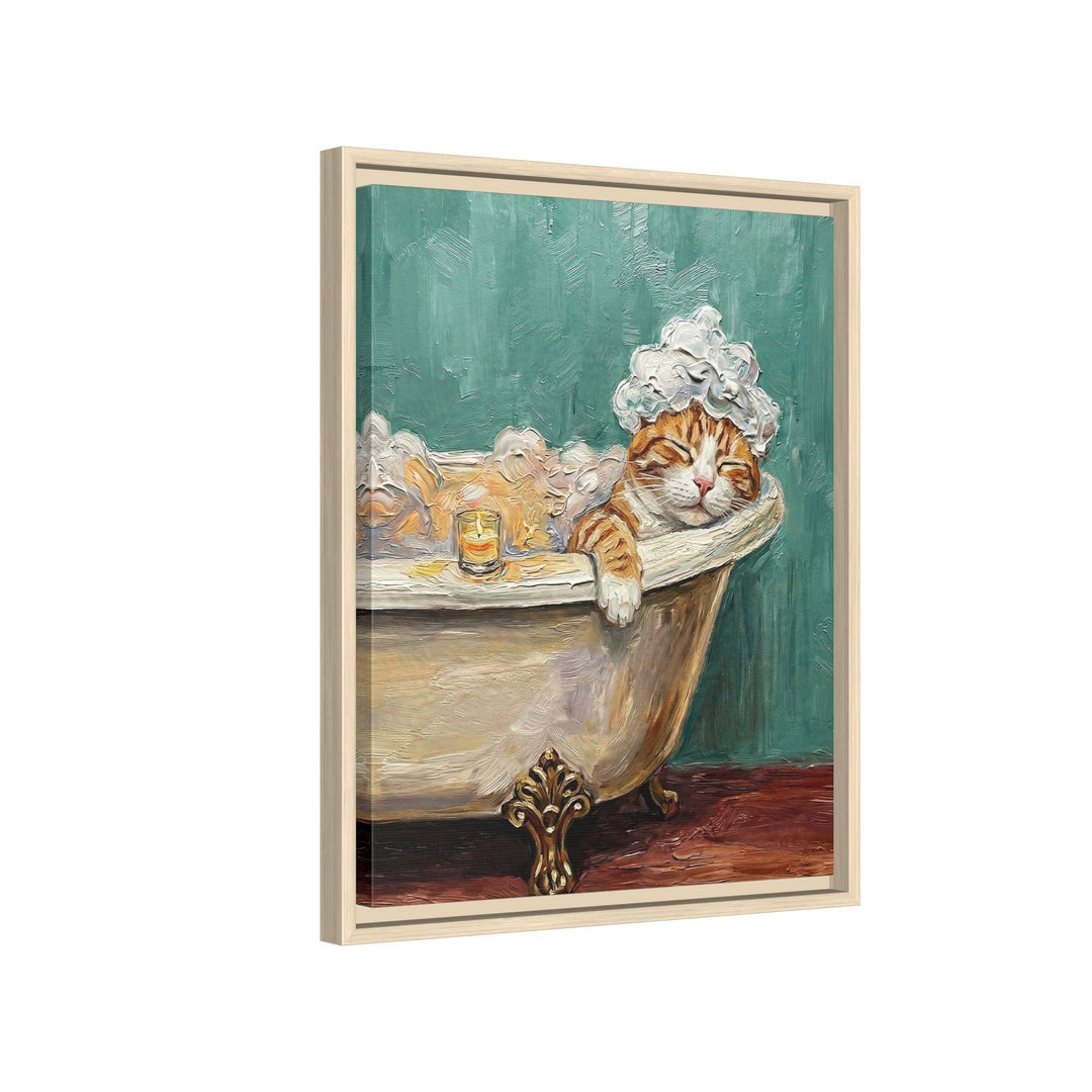 "Spa Day" - Orange & White Tabby Vertical Framed Canvas - Cat Lover Wall Art