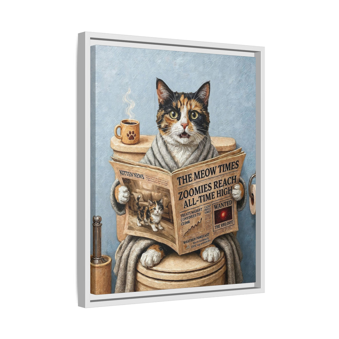 "Morning Business" - Calico Vertical Framed Canvas - Cat Lover Wall Art