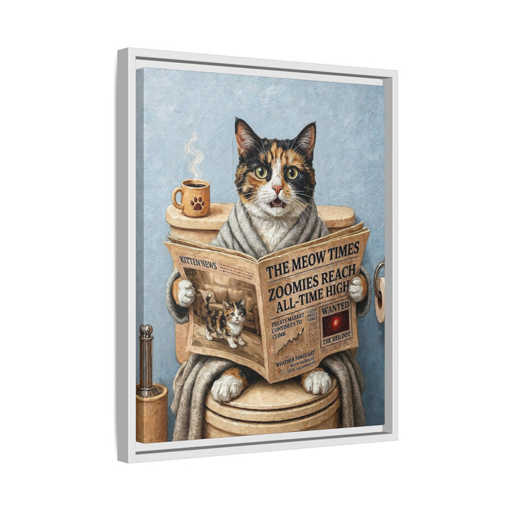 "Morning Business" - Calico Vertical Framed Canvas - Cat Lover Wall Art