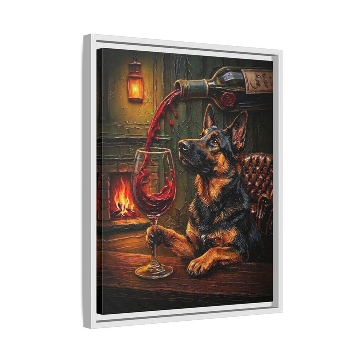 "Wine & Woof" - German Shepherd Vertical Framed Canvas - Dog Lover Wall Art