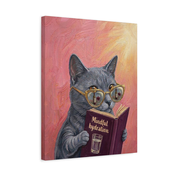 "Mindful Hydration" - Cat Vertical Canvas - Animal Book Humor Wall Art