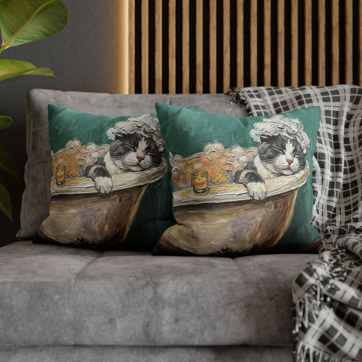 "Spa Day" - Grey & White Bicolor Throw Pillow - Cat Lover Home Decor