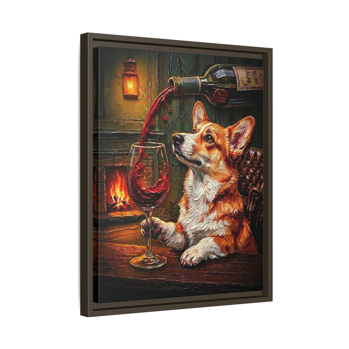"Wine & Woof" - Corgi Vertical Framed Canvas - Dog Lover Wall Art