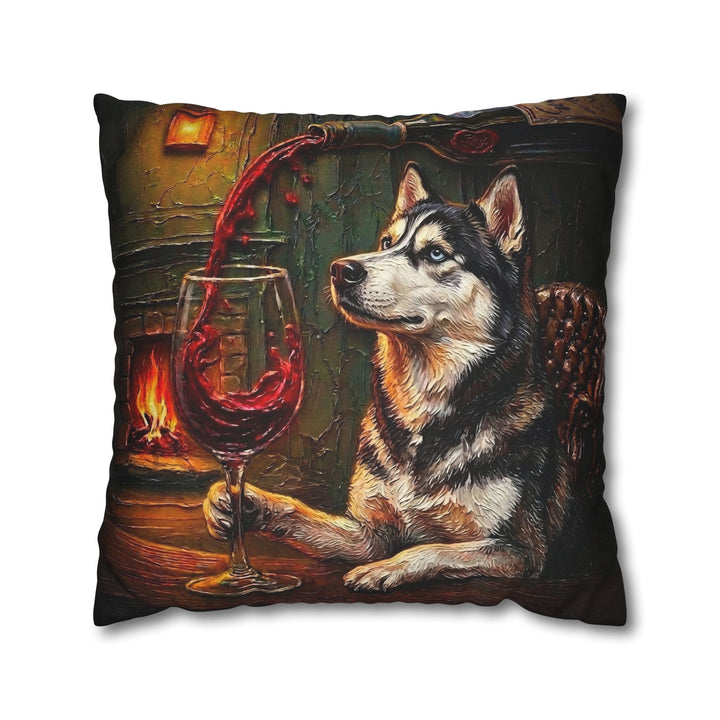 "Wine & Woof" - Husky Throw Pillow - Dog Lover Home Decor