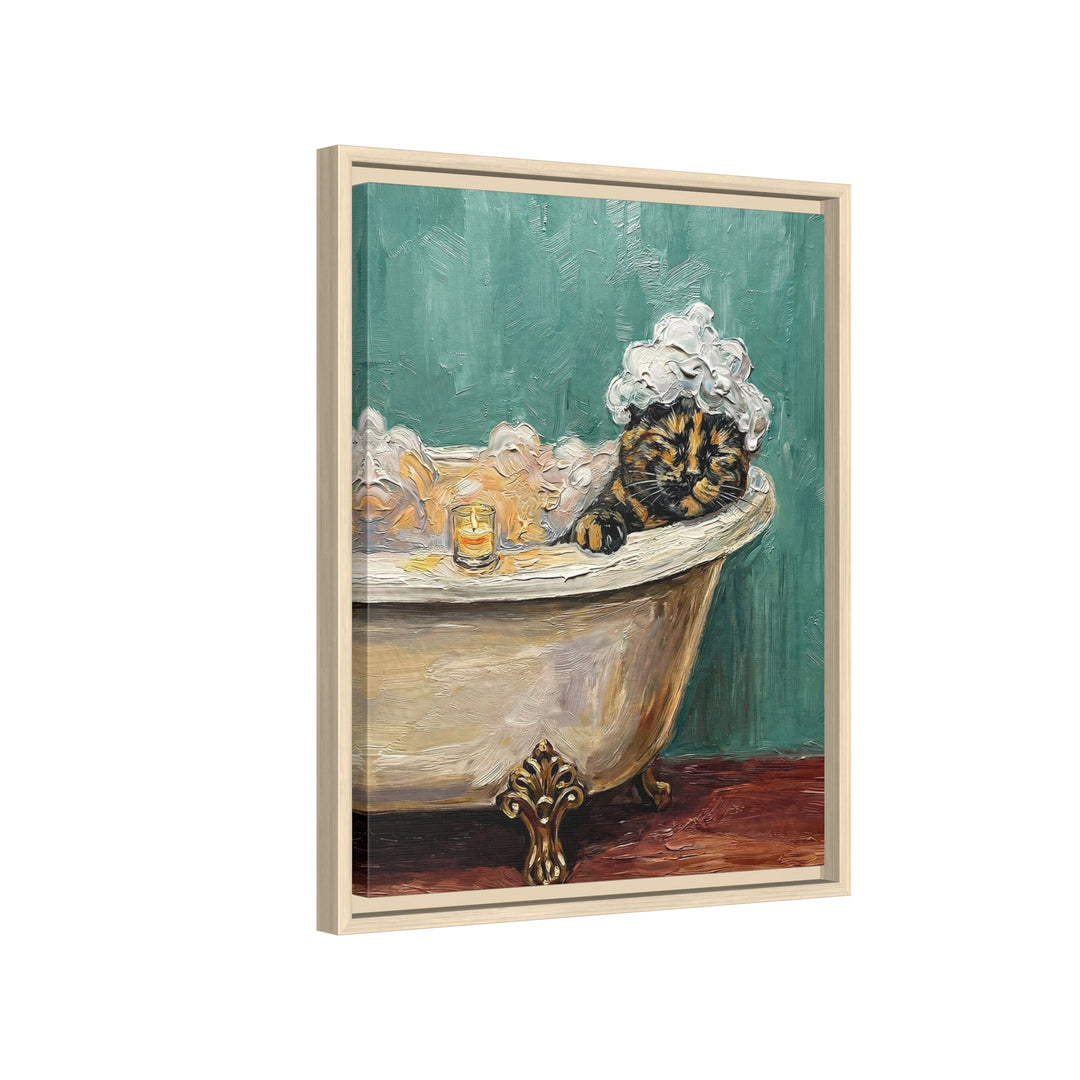 "Spa Day" - Tortoiseshell Vertical Framed Canvas - Cat Lover Wall Art