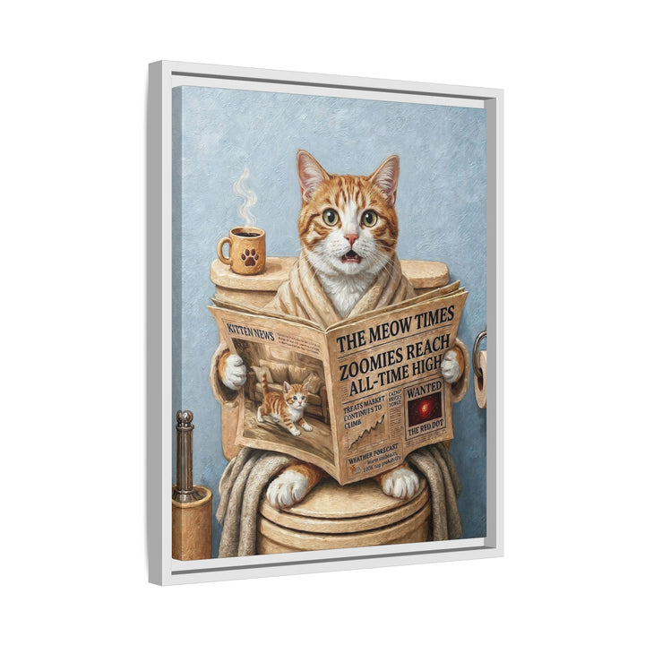 "Morning Business" - Orange & White Tabby Vertical Framed Canvas - Cat Lover Wall Art