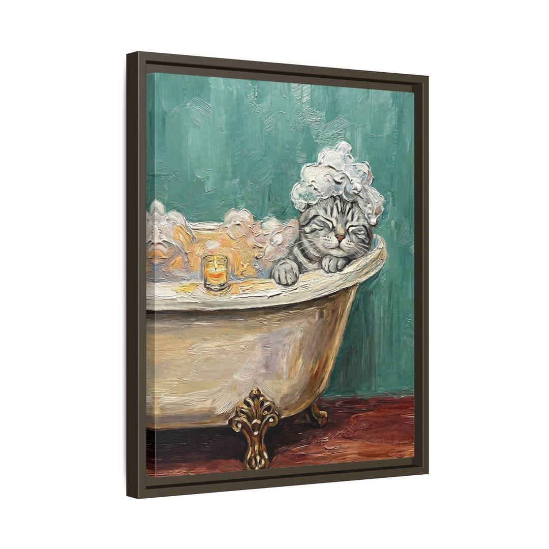 "Spa Day" - Grey Silver Tabby Vertical Framed Canvas - Cat Lover Wall Art