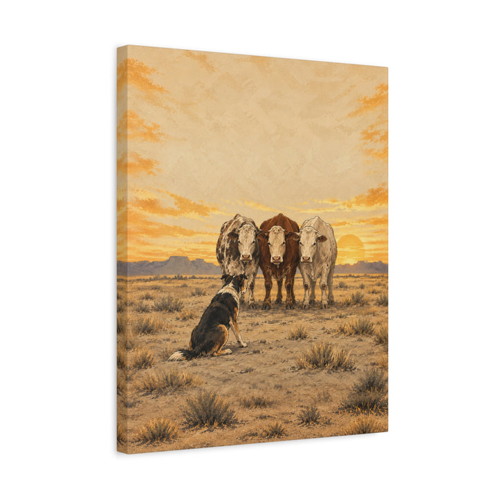 The Ranch Hand – Western Decor with a Dog Herding Stubborn Cows – Canvas / Framed Canvas