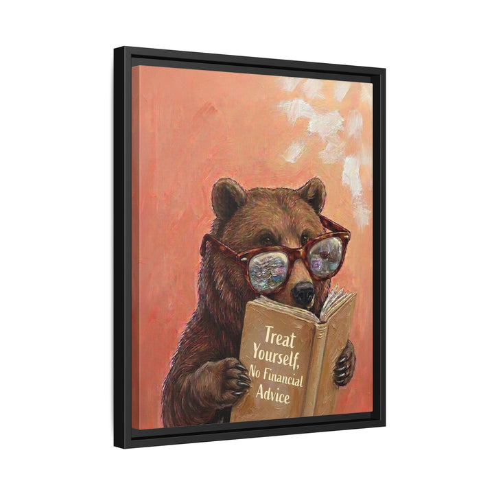"Treat Yourself" - Bear Vertical Framed Canvas - Animal Book Humor Wall Art