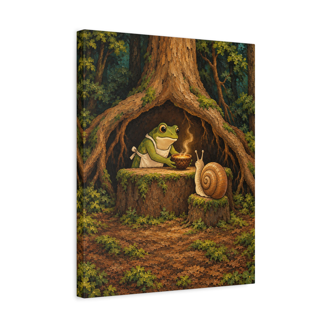 Mud Kitchen, Open Late – Cottagecore Decor with a Frog Serving Under a Root – Canvas / Framed Canvas
