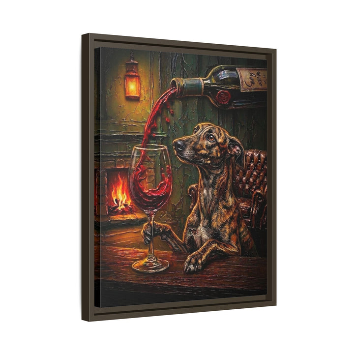 "Wine & Woof" - Greyhound Vertical Framed Canvas - Dog Lover Wall Art