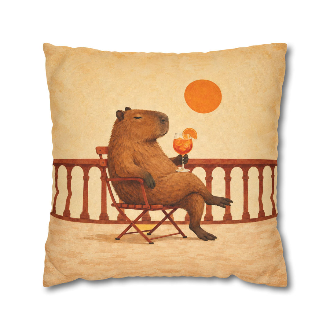 Aperol Hour – Aperol Spritz with a Capybara on a Golden Balcony – Pillow / Cover