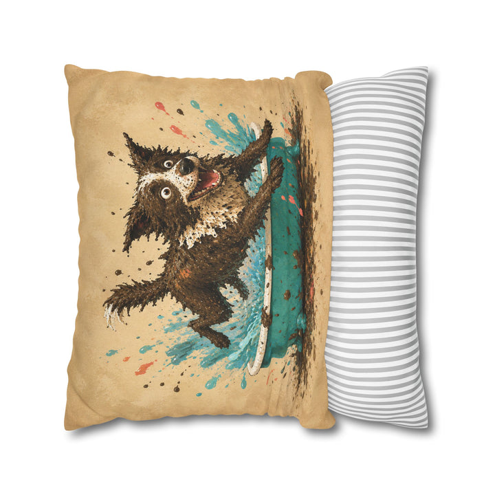 Mud Escape – Dog Bathroom Art with a Soapy Tub Getaway – Pillow / Cover
