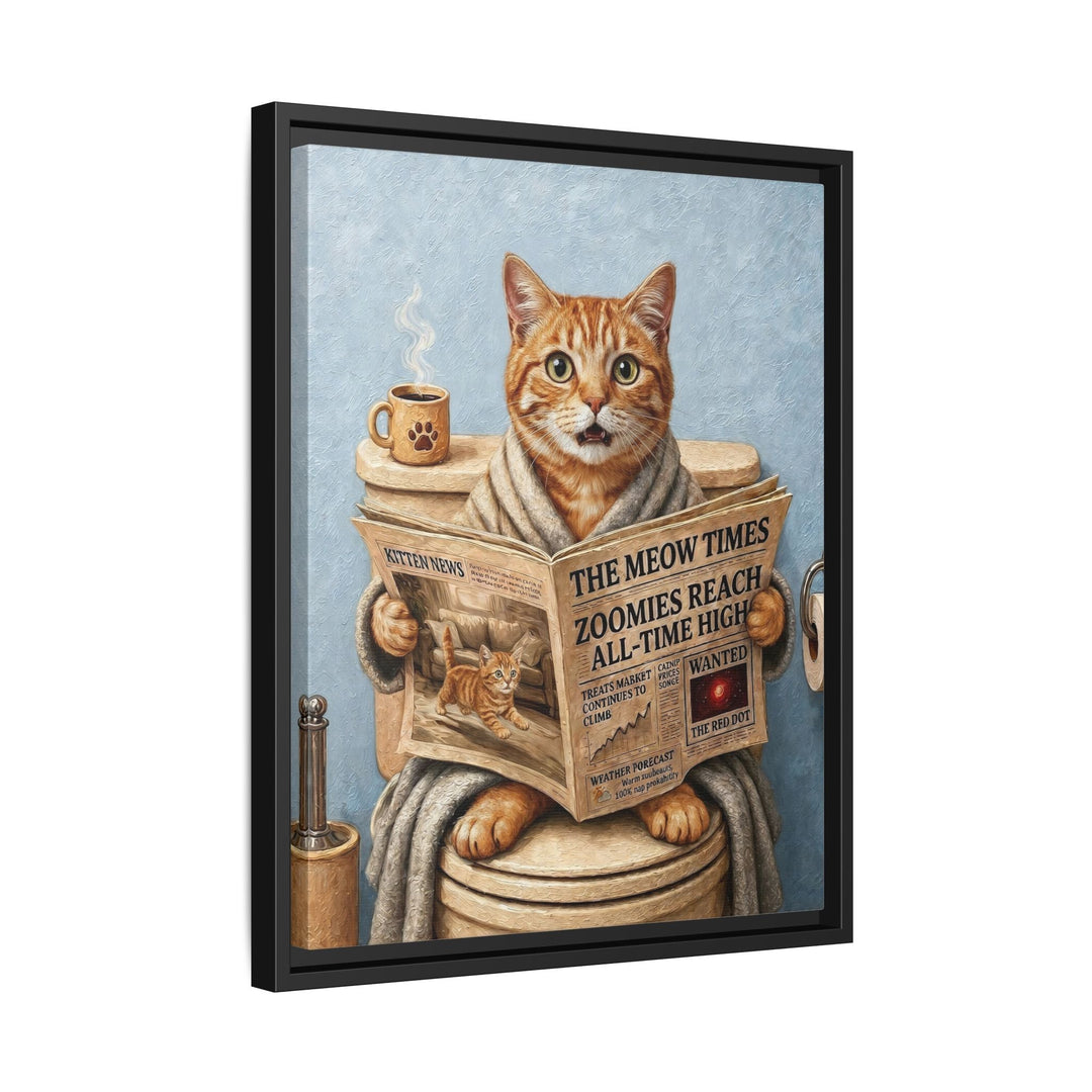 "Morning Business" - Orange Ginger Tabby Vertical Framed Canvas - Cat Lover Wall Art