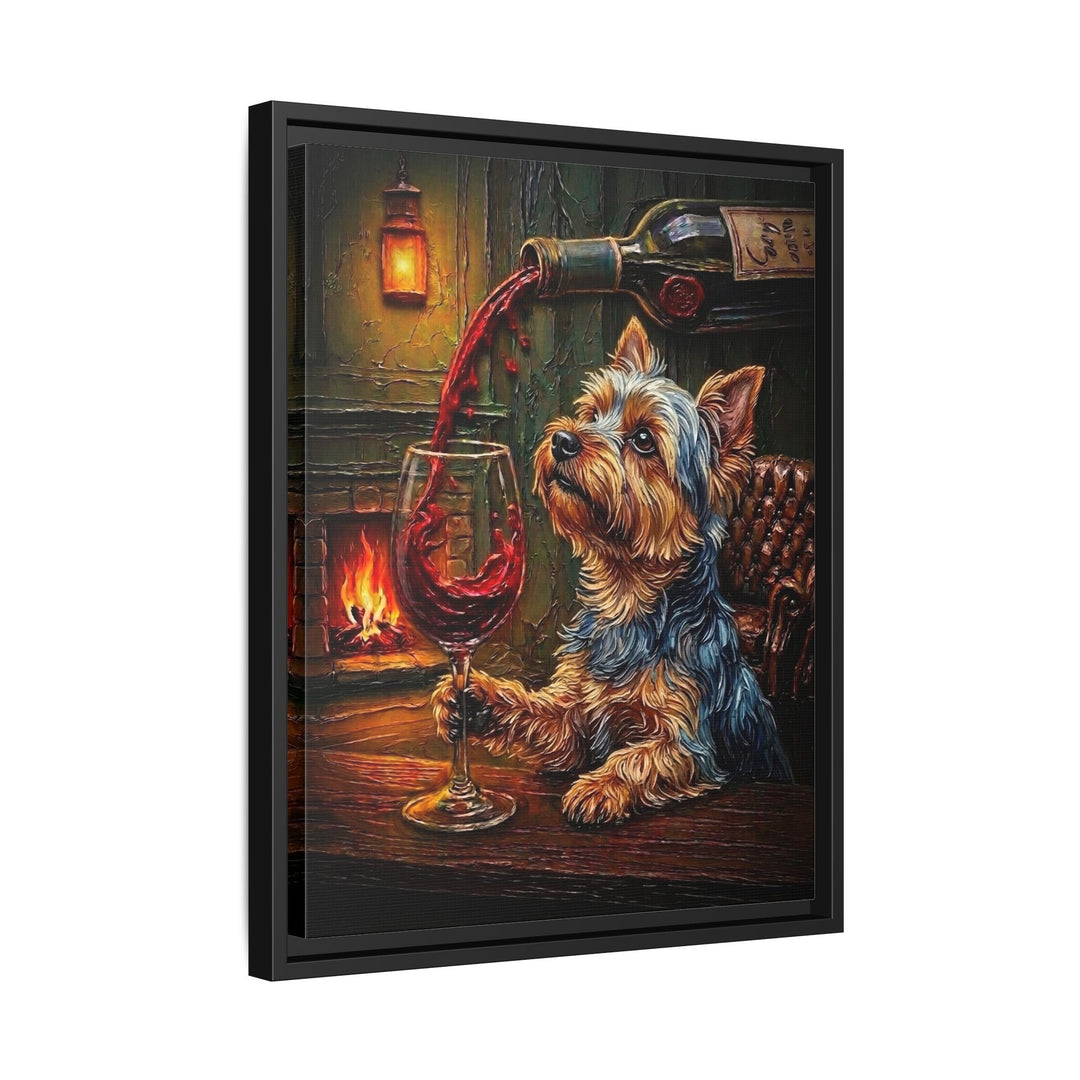 "Wine & Woof" - Yorkie Vertical Framed Canvas - Dog Lover Wall Art