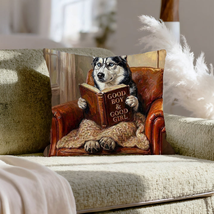 "Evening Read" - Husky Throw Pillow - Dog Lover Home Decor