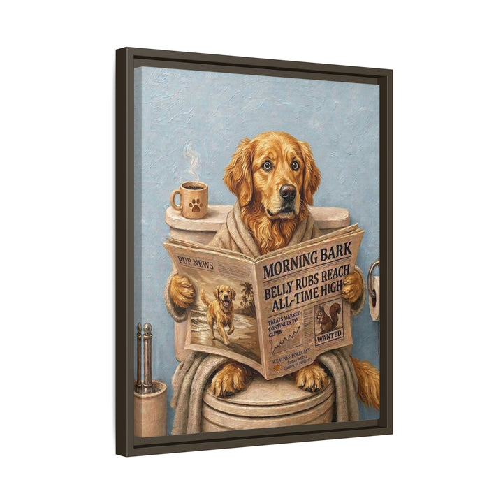 "Morning Business" - Golden Retriever Vertical Framed Canvas - Dog Lover Wall Art