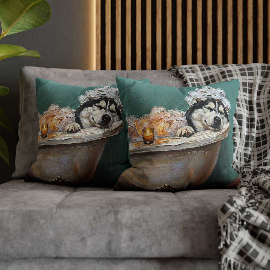 "Spa Day" - Husky Throw Pillow - Dog Lover Wall Art Home Decor