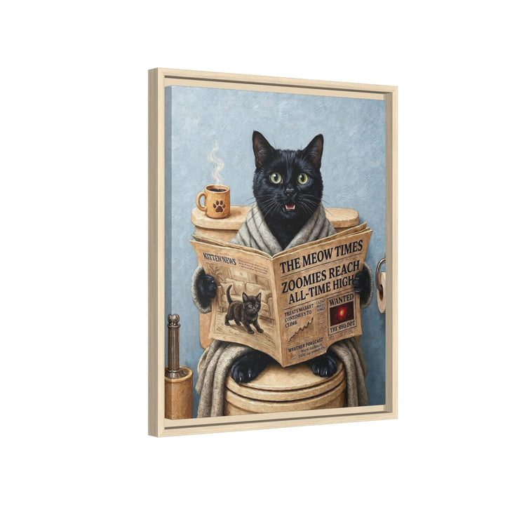 "Morning Business" - Black Vertical Framed Canvas - Cat Lover Wall Art