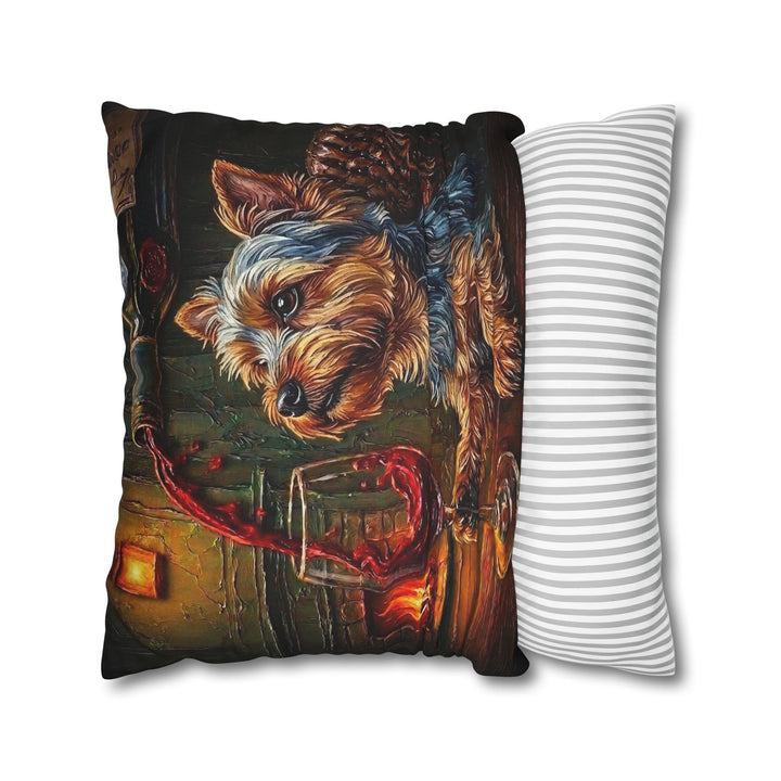"Wine & Woof" - Yorkie Throw Pillow - Dog Lover Home Decor