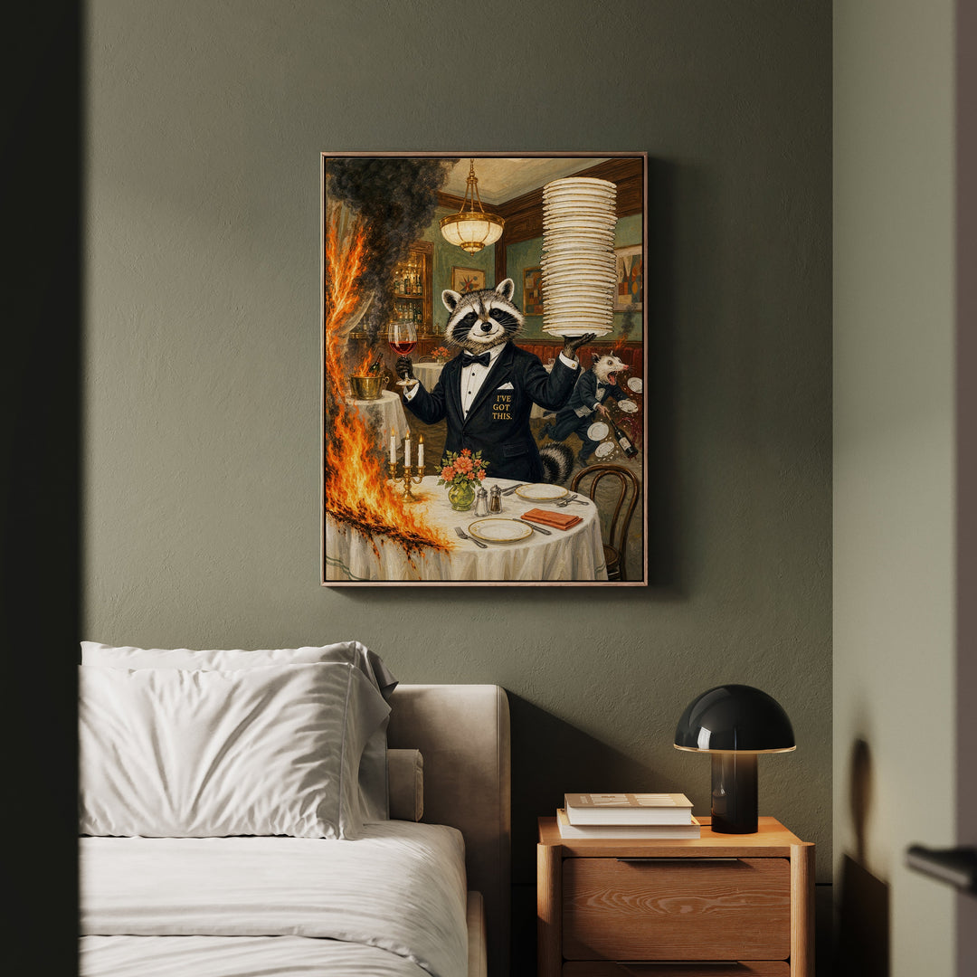 "I've Got This" - Raccoon Vertical Framed Canvas - Dark Burnout Humor Wall Art